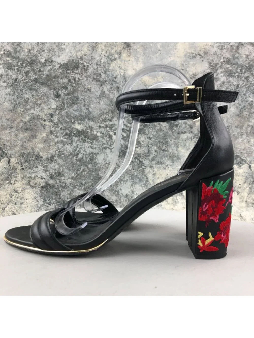 Kenneth Cole Reaction Womens 9.5M Lolita2 Black Leather Floral High Heel Sandals